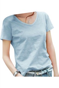 SKT032 Design cotton loose short-sleeved T-shirt Manufacture V-neck net color short-sleeved T-shirt Supplier Bamboo cotton T-shirt back view